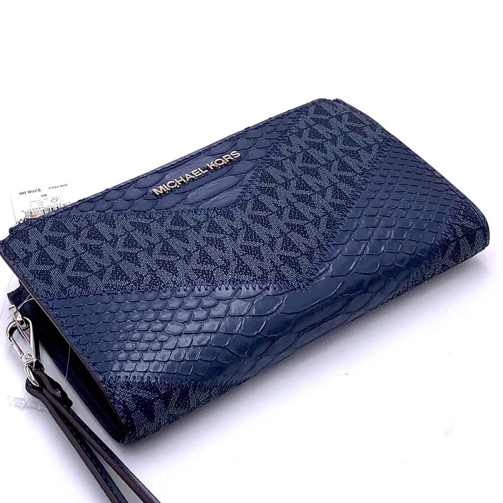 MICHAEL KORS JET SET TRAVEL NAVY MULTI LG DOUBLE ZIP WRSTLT
